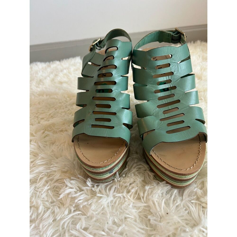 Anna Luz Womens Size 8 Mint Green Leather Strappy Wedge Sandals